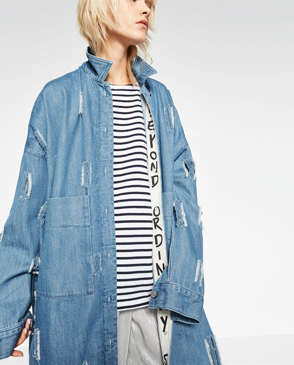 RIPPED DENIM DUSTER COAT